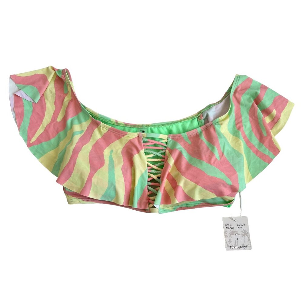 TiniBikini bikini top pastel yellow pink green camo animal print Small ruffle
